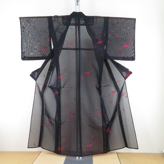 夏着物 単衣 紗 広衿 植物柄 正絹 黒色ｘ朱色 夏用 仕立て上がり 身丈154cm(着物)