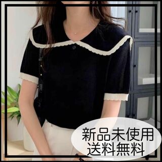 新品 襟付きニット サマーニット レディース トップス ブラック 韓国 人気 黑(Tシャツ(半袖/袖なし))