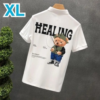 【即購入OK】クマ 釣り ポロシャツ XL ホワイト トップス カジュアル 韓国(ポロシャツ)