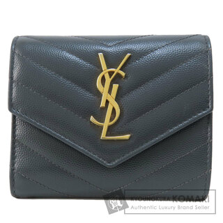 Yves Saint Laurent - YVES SAINT LAURENT ロゴ Vステッチ 二つ折り財布（小銭入れあり） レザー レディース