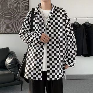 【人気】チェック柄　シャツ　オーバーサイズ　モノクロ　2XL　メンズ　ストリート(シャツ)