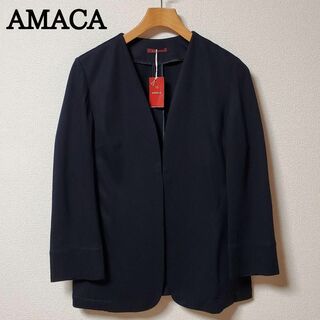 アマカ(AMACA)のAMACA　アマカ　レディース　　ノーカラー　ジャケット　未使用タグ付き　濃紺(ノーカラージャケット)