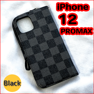 【ブラック】市松模様のレザー調スマホケース　iPhone12・12Pro(iPhoneケース)
