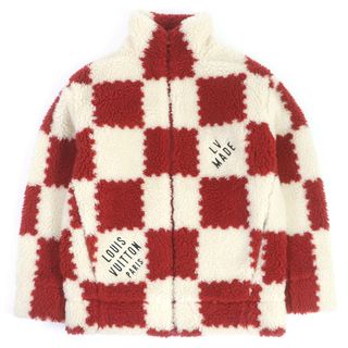 ルイヴィトン(LOUIS VUITTON)の極美品□LOUIS VUITTON ルイヴィトン NIGO 2022年製 1A9GKK ダミエ ロゴワッペン付き ジャガード フリースジャケット ブルゾン アイボリー レッド XS ハンガー付き イタリア製 正規品 メンズ(ブルゾン)