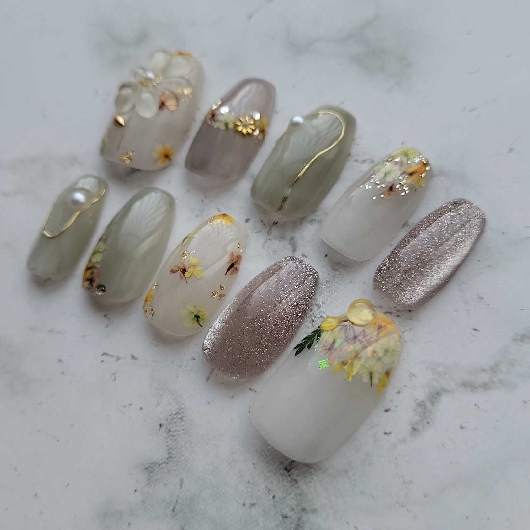 ネイルチップ 現品 ショートバレリーナ 押し花 シェル ネイルチップ 現品 ショートバレリーナ 押し花 シェル