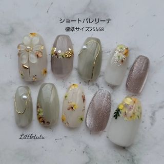 ネイルチップ　現品　ショートバレリーナ　押し花　シェル　ニュアンスミラー(つけ爪/ネイルチップ)