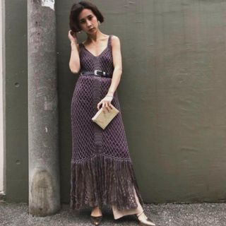 アメリヴィンテージ(Ameri VINTAGE)のアメリ　ameri  MEDI CROCHET FRINGE DRESS(ロングワンピース/マキシワンピース)