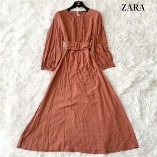 ザラ(ZARA)の美品 ZARA ザラ ウエストベルトロングワンピース フレア XS バックリボン(ロングワンピース/マキシワンピース)