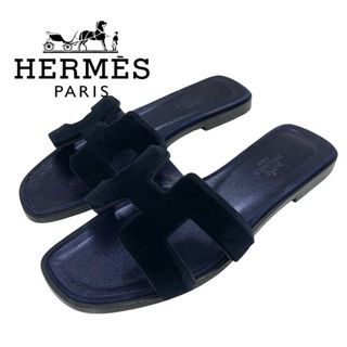 エルメス(Hermes)のエルメス HERMES オラン サンダル 靴 シューズ ミンク レザー ネイビー フラットサンダル ミュール(サンダル)