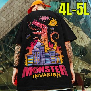 4L-5L メンズ 大きいサイズ 半袖 Tシャツ モンスター ストリート 黒(Tシャツ/カットソー(半袖/袖なし))