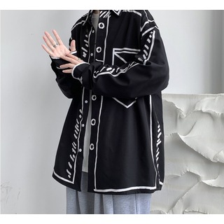 【無料配送】　デザインシャツ　羽織　カジュアル　オーバーサイズ　L　ブラック(シャツ)