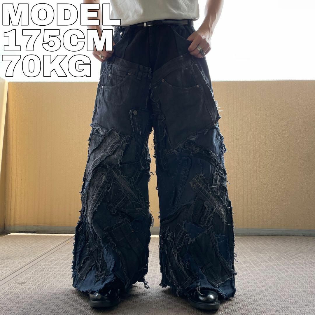 リメイクデニム ブラックデニム ワイド フレア ボトム 再構築 M リメイクデニム ブラックデニム ワイド フレア ボトム 再構築 M