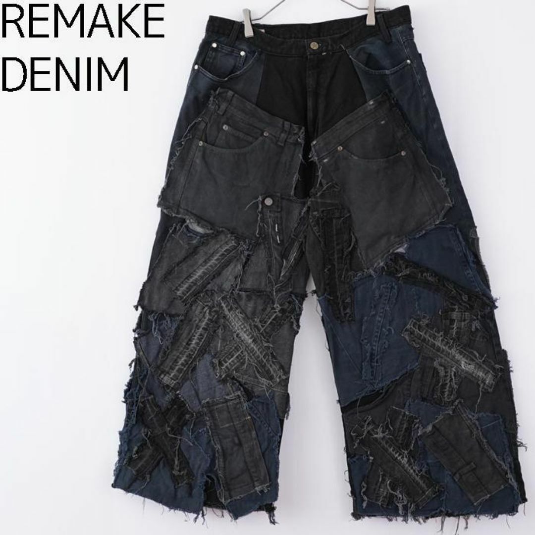 リメイクデニム ブラックデニム ワイド フレア ボトム 再構築 M リメイクデニム ブラックデニム ワイド フレア ボトム 再構築 M