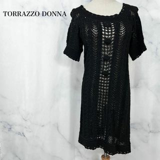 トラッツォドンナ(TRAZZO DONNA)の★トラッツォドンナ　透かし編みレースワンピース　ブラック　半袖(ひざ丈ワンピース)