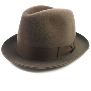 ボルサリーノ(Borsalino)の美品▼Borsalino ボルサリーノ ウール グアナコフェルトファー ロゴ入り リボン付き 中折れ帽子 ハット ブラウン 57 箱付き イタリア製 正規品 メンズ(ハット)