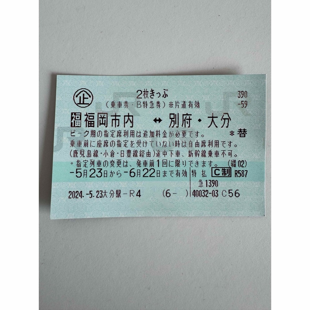 特急ソニック 福岡⇄別府・大分 2枚きっぷ片道1枚 チケットの乗車券/交通券(鉄道乗車券)の商品写真