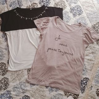 半袖2枚セット Tシャツ 夏服 黒白 モノトーン グレージュ ラインストーン M(カットソー(半袖/袖なし))