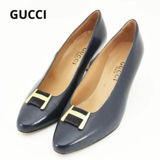 グッチ(Gucci)のGUCCI　グッチ　ロゴ刻印金具　レザーパンプス　ネイビー系　22cm(ハイヒール/パンプス)