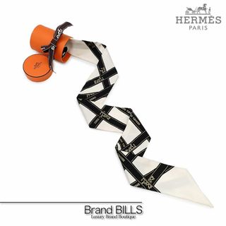 エルメス(Hermes)の美品 エルメス ツイリー リボンスカーフ ボルデュック柄 061719S ホワイト ブラック シルク100％(バンダナ/スカーフ)