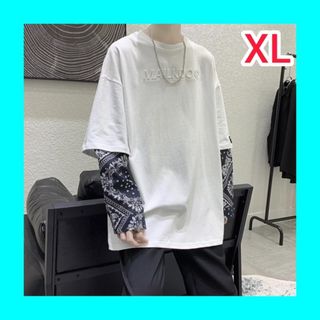 重ね着風 Tシャツ 長袖 白 XL ゆったり メンズ(Tシャツ/カットソー(七分/長袖))