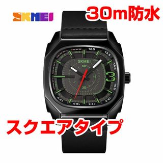 30m防水 メンズ角型スクエア アナログ腕時計レザー 本革 ブラック黒W(腕時計(アナログ))