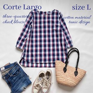 ◆美品◆Corte Largo◆チュニック丈チェックシャツブラウス◆ネイビー◆L