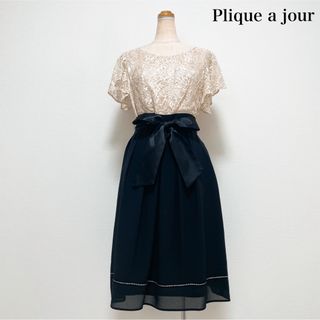 Plique a jour 膝丈ドッキングワンピース レース ラメ 黒 上品素敵(ひざ丈ワンピース)