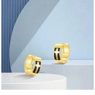 ツートーン ピアス 金属アレルギー対応 フープピアス クロス ブラック(ピアス)