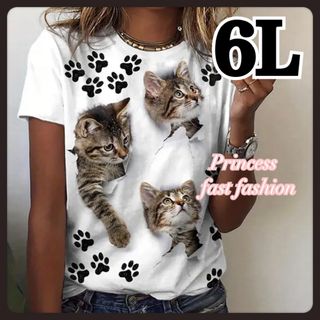 【6L】飛び出す 猫ちゃん 半袖Tシャツ 大きいサイズ レディース(Tシャツ(半袖/袖なし))