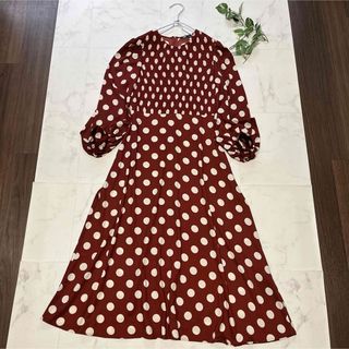 ザラ(ZARA)の美品　ZARA ザラ　ドット柄マキシ丈ワンピース　ブラウン　茶　パフスリーブ　S(ロングワンピース/マキシワンピース)