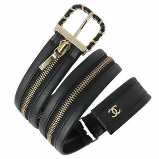 シャネル(CHANEL)のシャネル ベルト ラムスキン ブラック ゴールド金具 チェーンバックル CC ココマーク ファスナー ジップ 展示品 未使用 h-k312(ベルト)