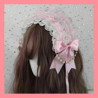 596　リボン付きヘッドドレス　ピンク　ロリータ　ゴスロリ(ヘアバンド)