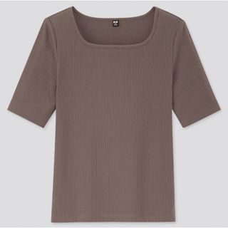 ユニクロ(UNIQLO)のUNIQLO  リブスクエアネックT（5分袖）　グレー(Tシャツ(半袖/袖なし))