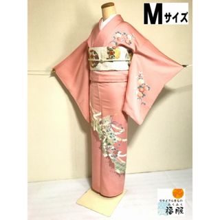 【中古】付け下げ 正絹 ピンク地に熨斗模様 裄62cm Mサイズ(着物)