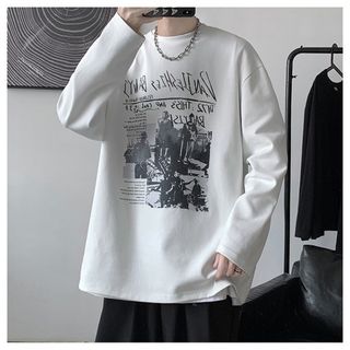 ロンT 長袖トップス レトロプリント バンド メンズ ホワイト XL(Tシャツ/カットソー(七分/長袖))