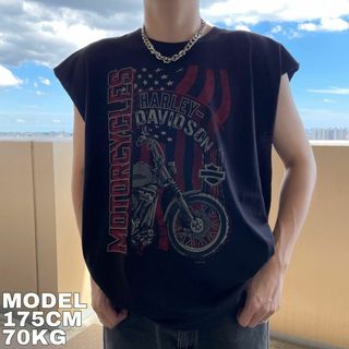 ハーレーダビッドソン(Harley Davidson)のハーレーダビッドソン ノースリーブ プリントTシャツ USA製 2XL 黒(Tシャツ/カットソー(半袖/袖なし))