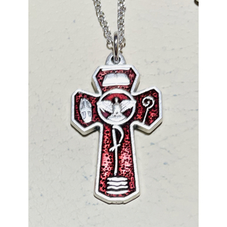 堅信式と精霊鳩の十字架　ネックレス　S ●シルバーレッドカラー　●イタリア製(ネックレス)