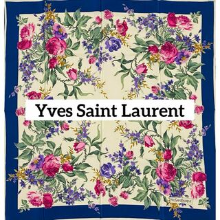 イヴサンローラン(Yves Saint Laurent)の★イヴサンローラン★ スカーフ シフォン 花柄 シルク ネイビー(バンダナ/スカーフ)