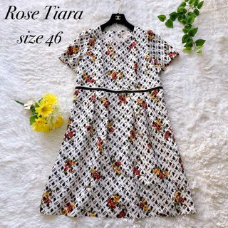 ローズティアラ(Rose Tiara)の極美品✨ローズティアラ　フロッキーワンピース　花柄　46 3XL 大きいサイズ(ひざ丈ワンピース)