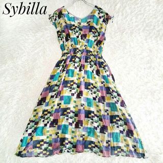 Sybilla - シビラ 美品✨幾何学柄 シルク混 ノースリーブワンピースフレア Aライン  L