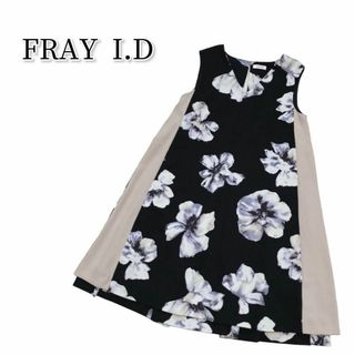 フレイアイディー(FRAY I.D)のFRAY I.D ワンピース Aライン 花柄 Ｖネック 大人綺麗め ブラック 0(ひざ丈ワンピース)