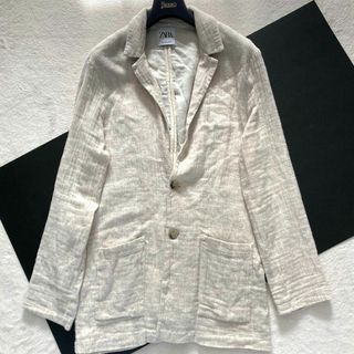 ザラ(ZARA)のZARA リネン混 テーラードジャケット L ベージュ(テーラードジャケット)