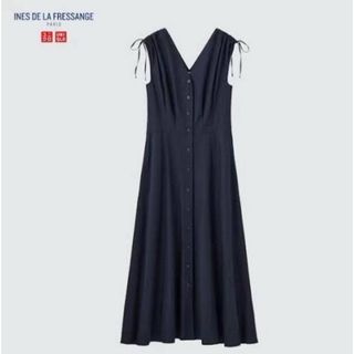 ユニクロ(UNIQLO)のユニクロ　イネス　コットンフレアVネックワンピース　S (ロングワンピース/マキシワンピース)