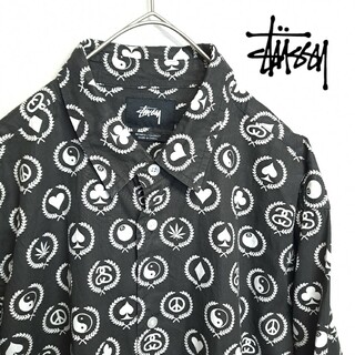 【希少】STUSSY 総柄 ロゴ 8ボール シャネルロゴ 長袖 シャツ 黒 S