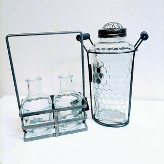 新品 ガラス 花瓶 ( フラワーベース ) セット アイアン ホルダー(花瓶)