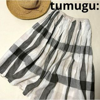 ツムグ(tumugu)の【ツムグ tumugu】リネン ギャザースカート  麻 チェック　ミディアム丈(ひざ丈スカート)