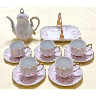 昭和レトロ　TOWAトーワルネッサンス　ピンク小花　ポット付きコーヒー碗皿セット(食器)