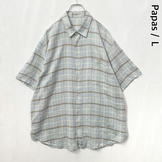 PAPAS　パパス　リネン　麻　チェック柄　ポケット付　半袖シャツ　ブルー系　Ｌ(シャツ)