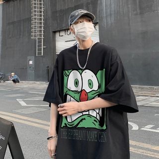 Tシャツ プリント カジュアル ゆったり メンズ レディース ブラック 黒 XL(Tシャツ/カットソー(半袖/袖なし))