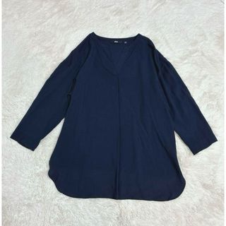 ユニクロ(UNIQLO)のUNIQLO レーヨンスキッパーブラウス ネイビー(シャツ/ブラウス(長袖/七分))